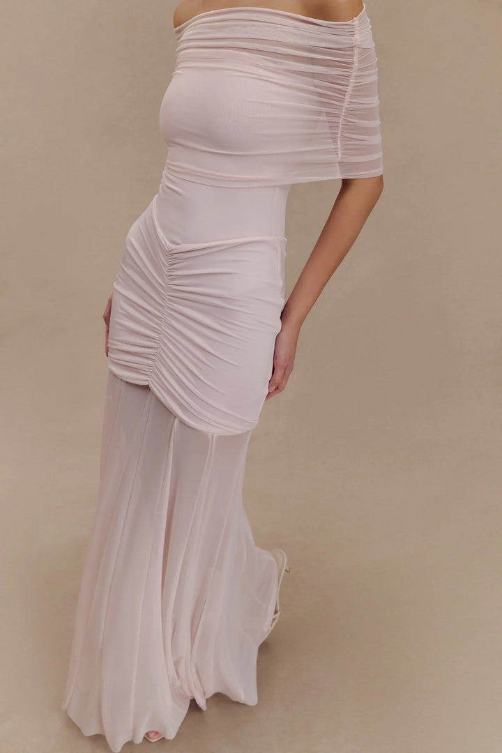 Caspian Slinky And Mesh Off Shoulder Maxi Dress