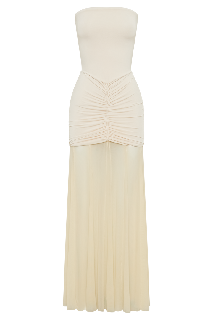 Caspian Slinky And Mesh Off Shoulder Maxi Dress