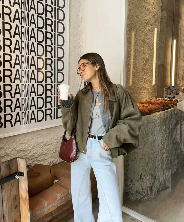 Suede-Texture Bomber Jacket