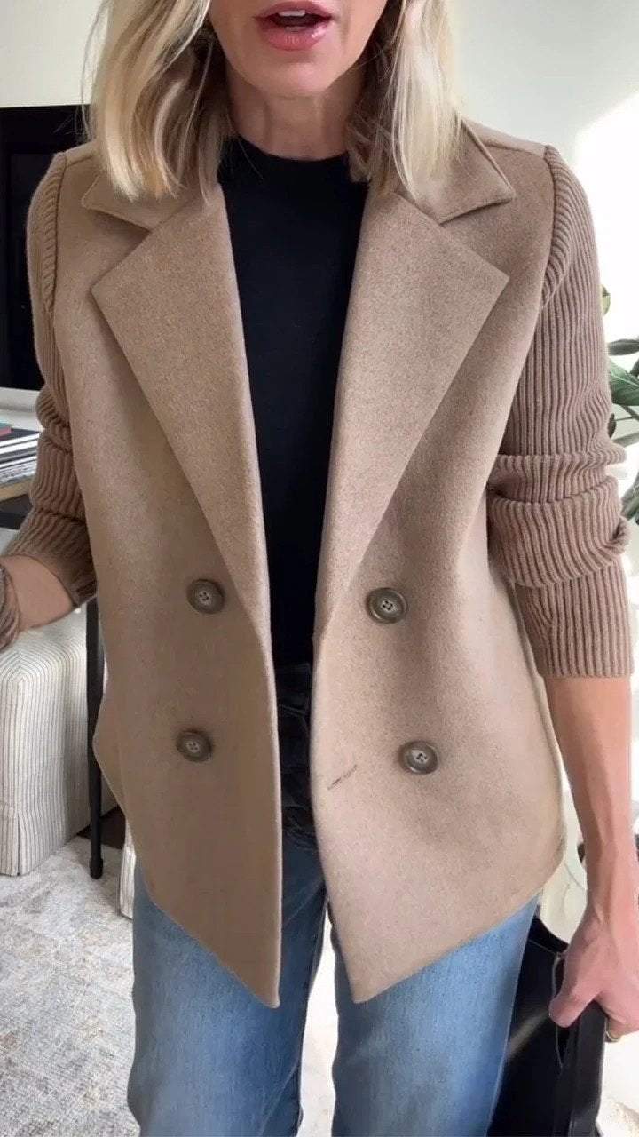 Casual Knit-Sleeve Coat with Pockets