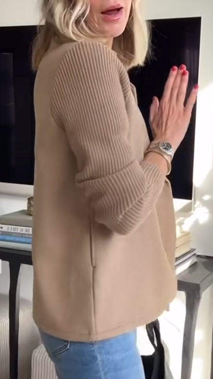 Casual Knit-Sleeve Coat with Pockets